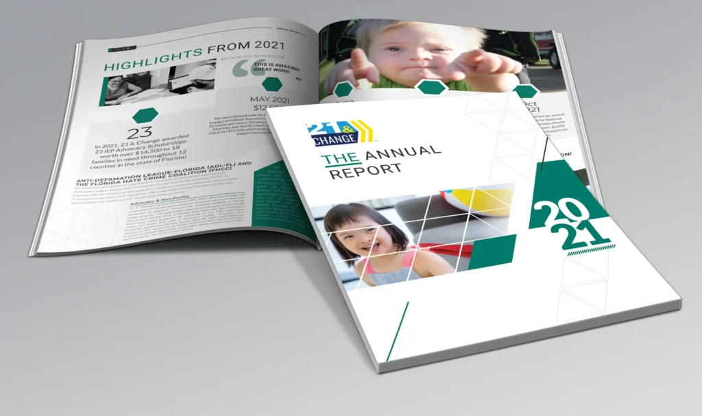 21 & Change annual report booklet open to its highlights pages