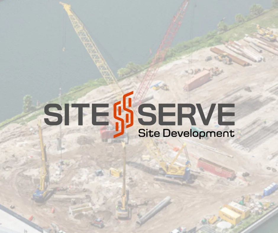 SiteServe site development branding over an aerial construction site photo