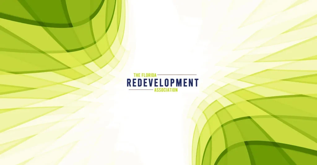 Florida Redevelopment Association conference graphic with a green abstract wave design