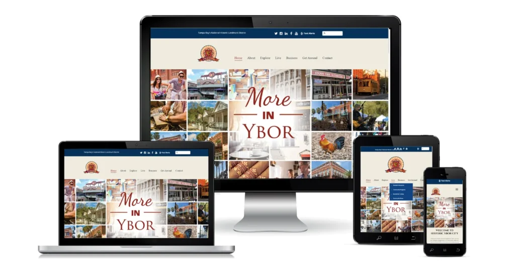 Mockup of the 'More in Ybor' website on desktop, laptop, tablet, and phone