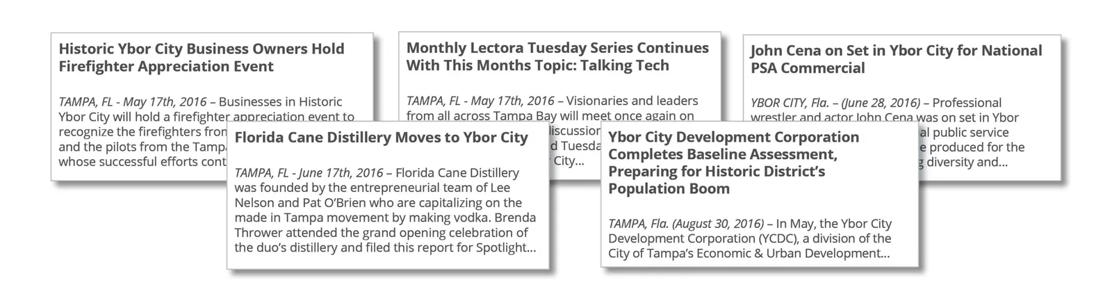 Screenshot of a Ybor City Development Corporation newsletter page with several news articles