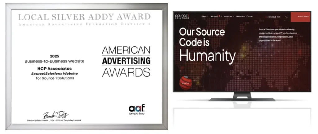 Local Silver Addy Award certificate next to the Source 1 Solutions website on screen