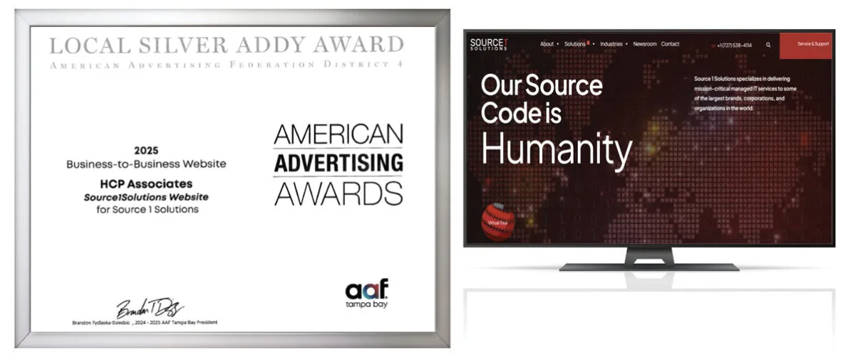 Local Silver Addy Award certificate next to the Source 1 Solutions website on screen