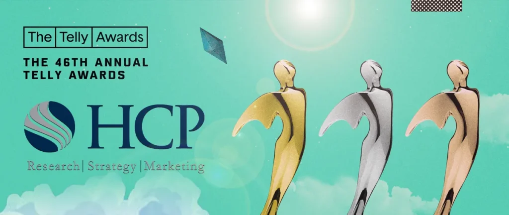 HCP Associates 46th Annual Telly Awards winner graphic with three trophies