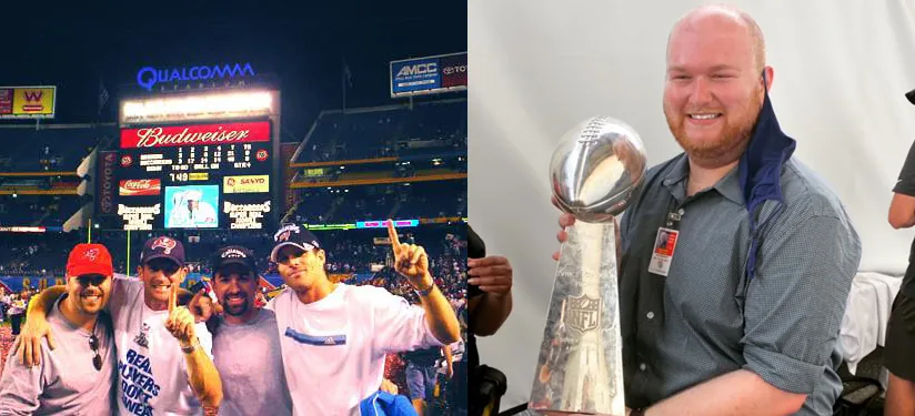 A man celebrating with a championship trophy at a stadium