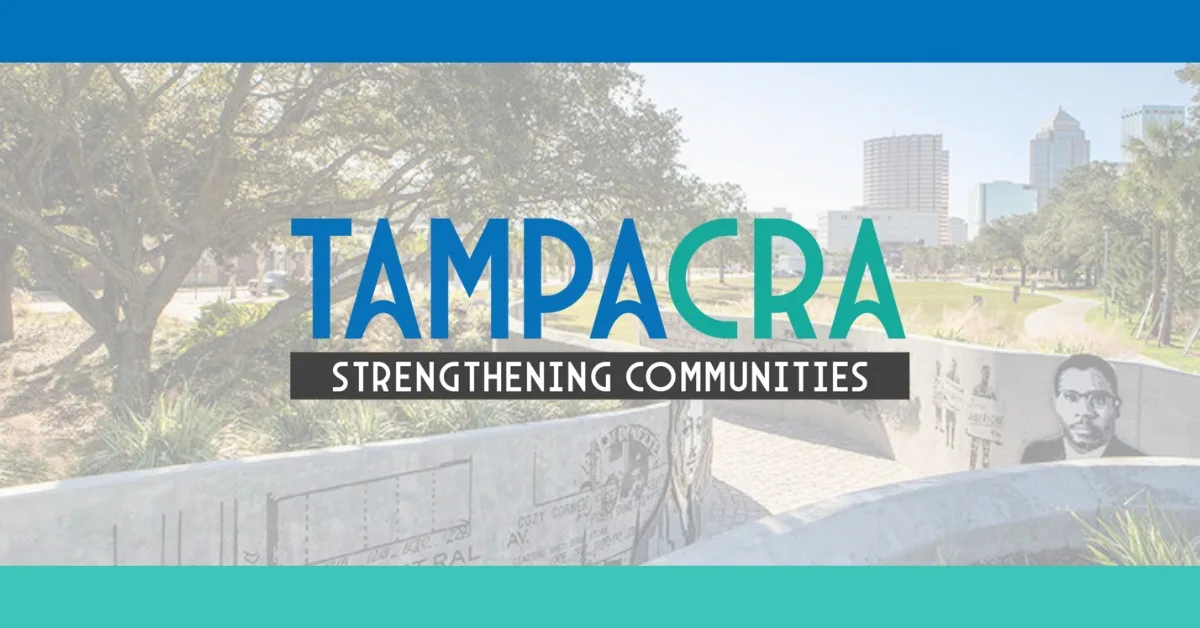 Tampa CRA 'Strengthening Communities' banner over a Tampa skyline photo