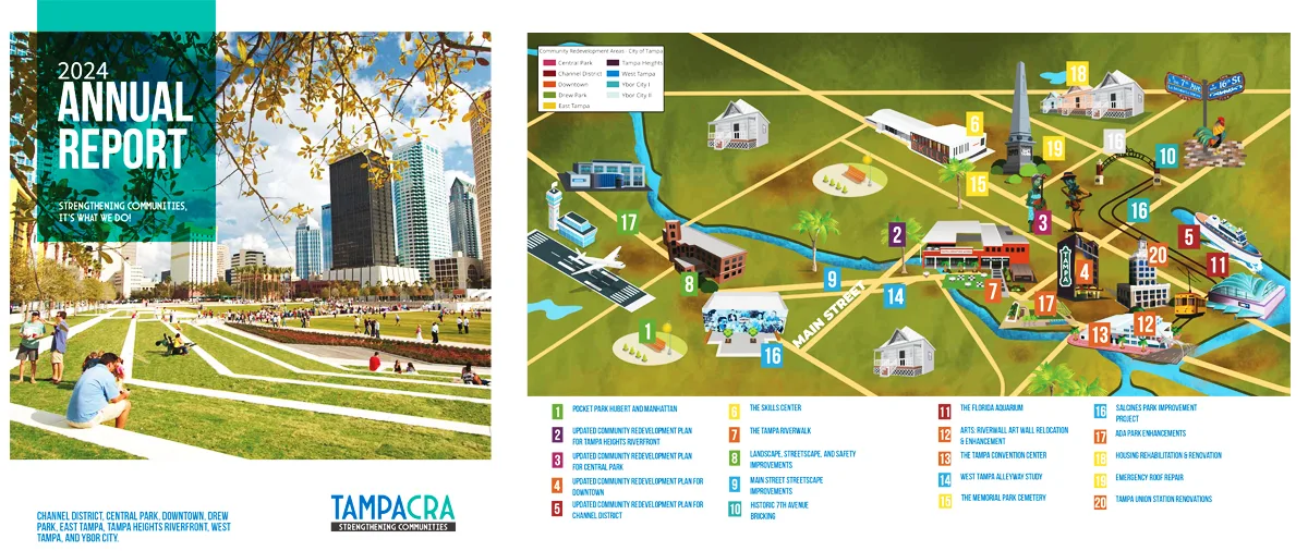 Tampa CRA annual report cover and district map graphic