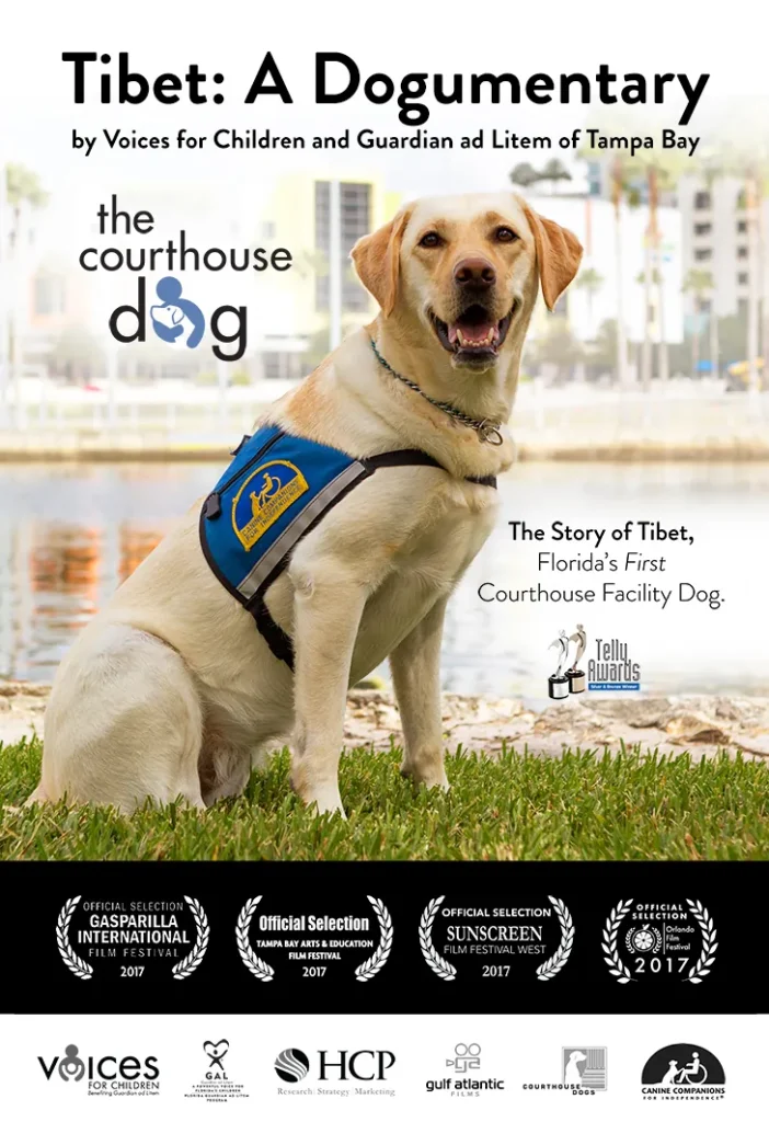 Tibet: A Dogumentary film poster featuring Tibet the courthouse facility dog