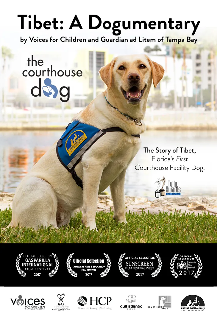Tibet: A Dogumentary film poster featuring Tibet the courthouse facility dog