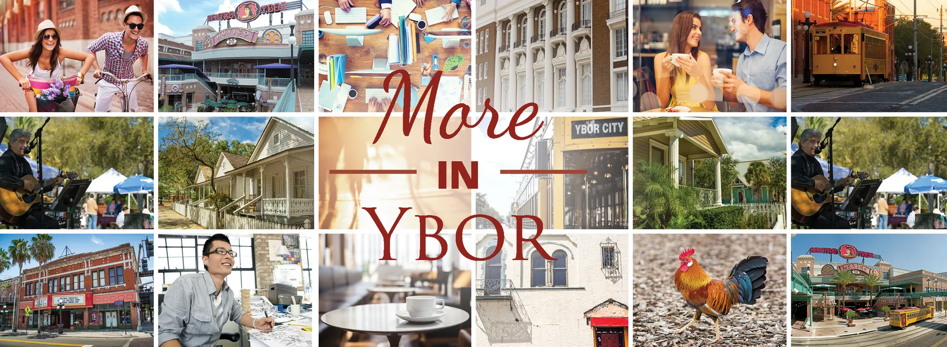 'More in Ybor' photo collage showcasing Ybor City scenes and people