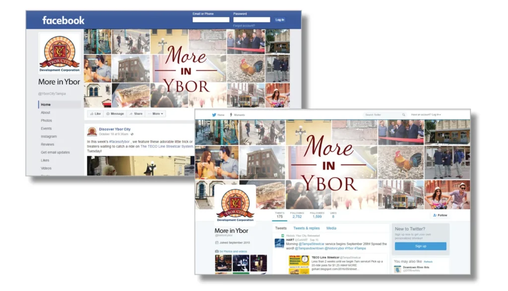 Mockups of the 'More in Ybor' Facebook page on multiple screens