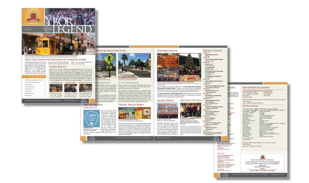 Mockups of 'Ybor Legend' print newsletter materials