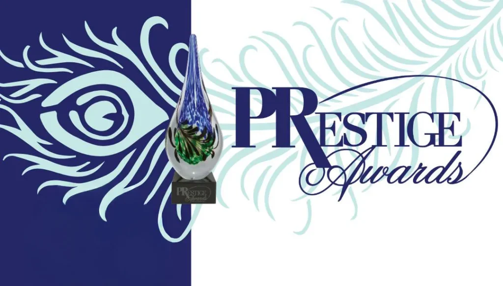 PRSA Prestige Awards graphic with a peacock feather design