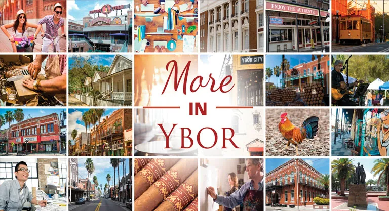 More in ybor photo grid featuring people on bikes, outdoor mall with restaurants and movie theater, busy desks, beautiful architecture, bundles of hand rolled cigars, wild chickens, old homes, cigar rolling, statues dedicated to immigrants, artist, streetcars, and more