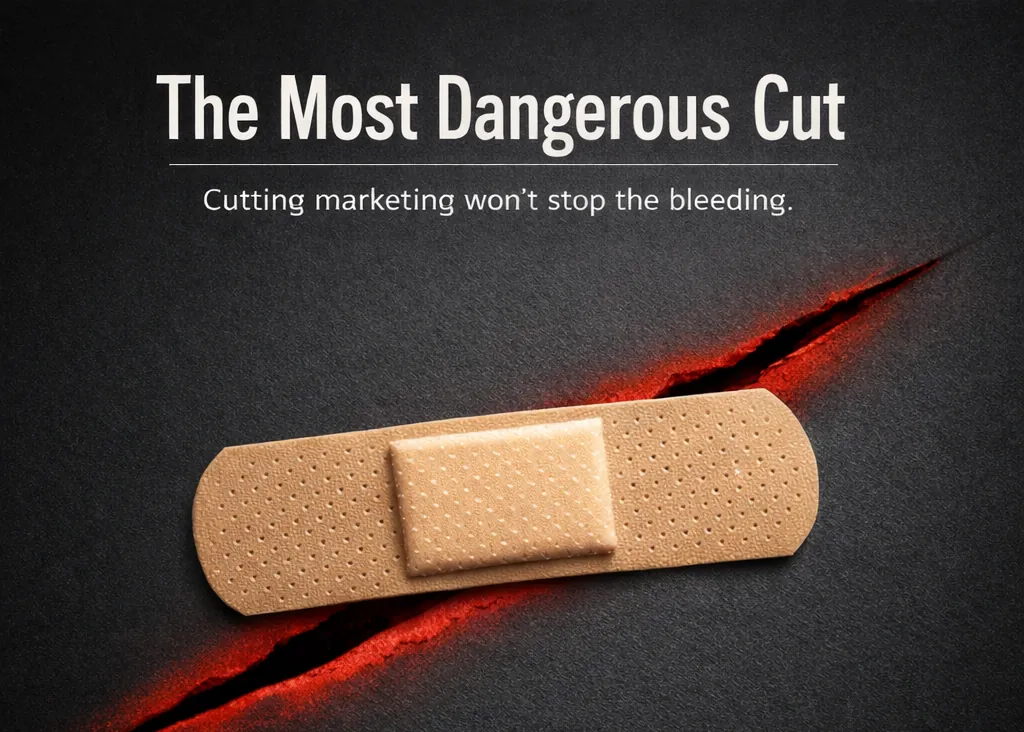 'The Most Dangerous Cut' graphic showing a bandage on a wound, warning against cutting marketing budgets