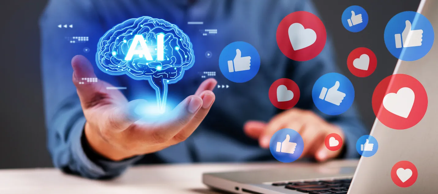 Illustration of a hand holding a glowing AI brain icon surrounded by social media icons
