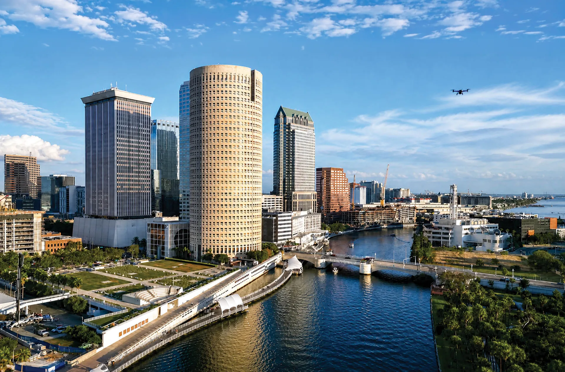 Aerial view of Tampa's Riverwalk and downtown skyline