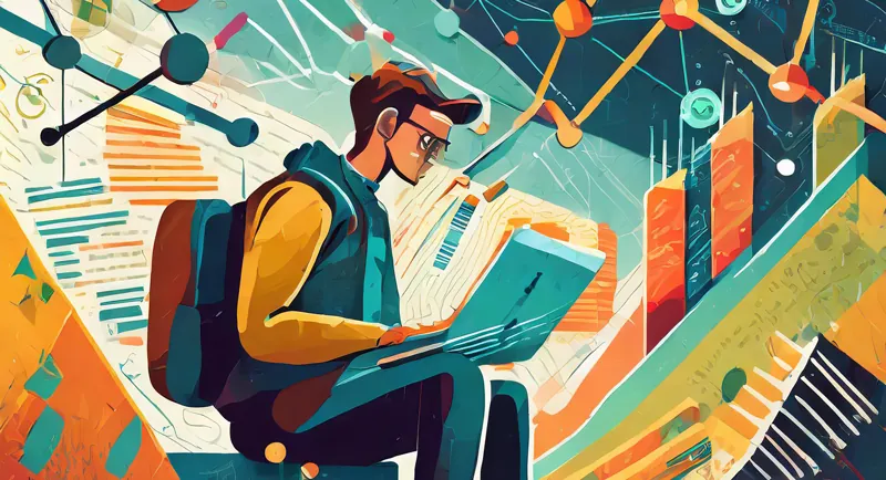 Illustration of a person with a backpack surrounded by data visualization graphics
