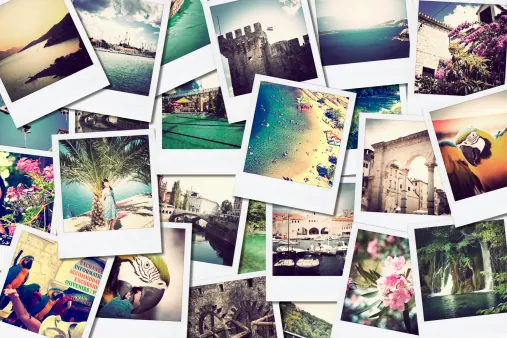 Collage of scattered vintage travel photographs