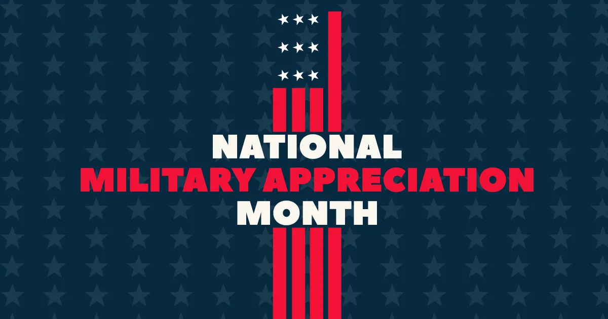'National Military Appreciation Month' graphic with a patriotic star and stripe design
