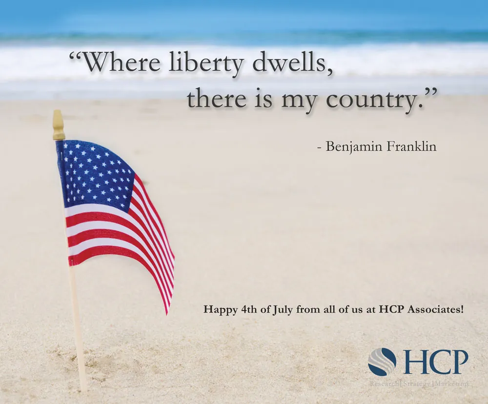 American flag on the beach with a Benjamin Franklin quote, wishing a Happy 4th of July from HCP Associates