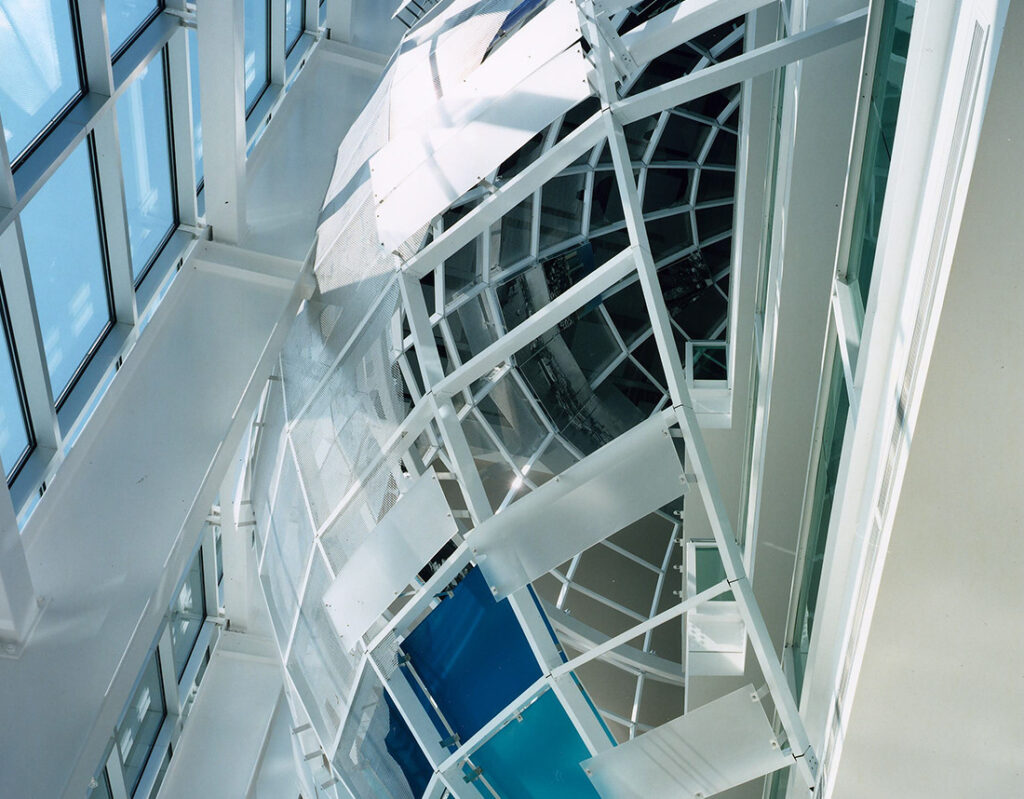 Interior of a Port Tampa Bay building, looking up through the glass and steel atrium