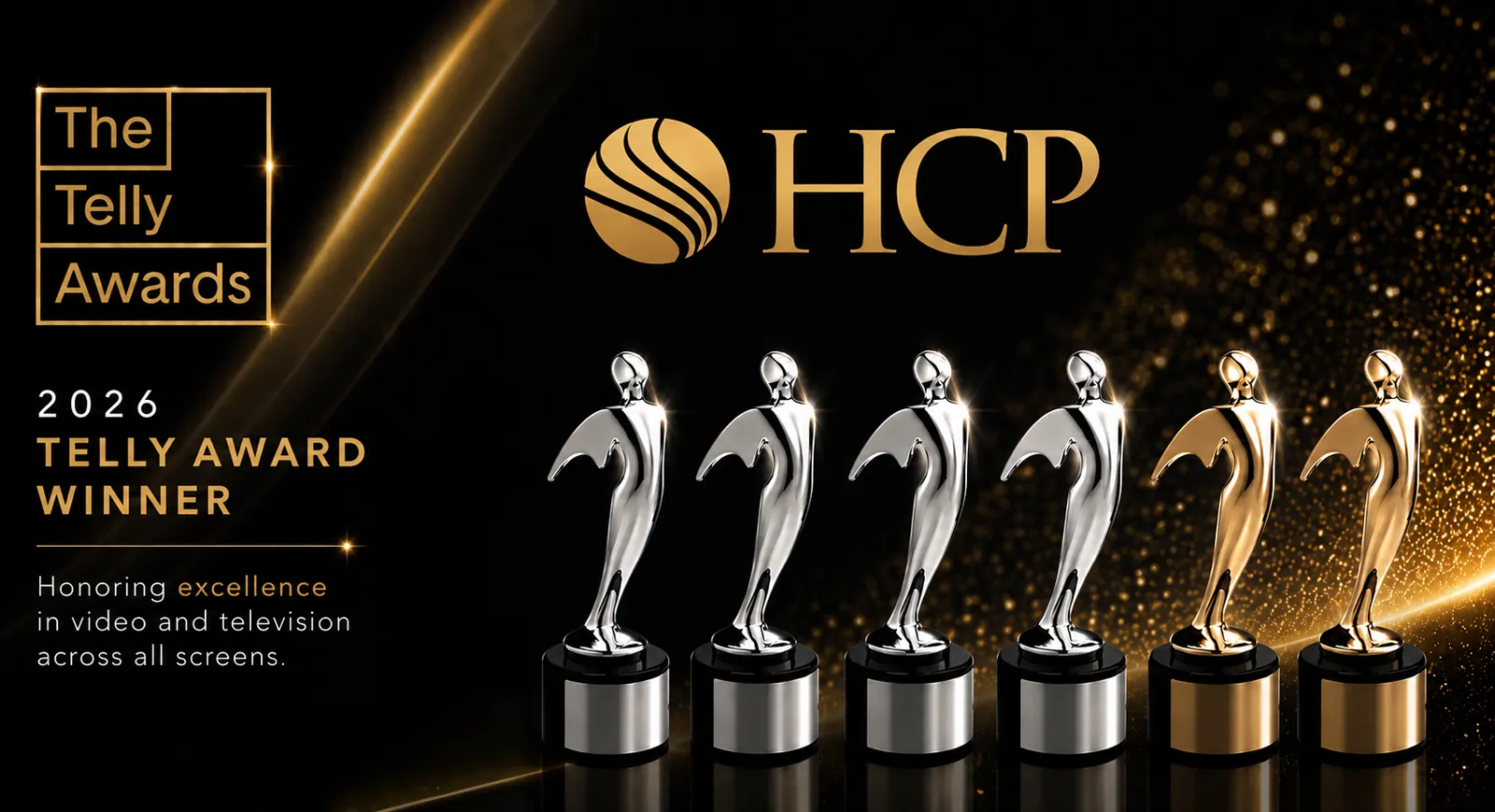 HCP Associates 2026 Telly Awards winner graphic with six trophies