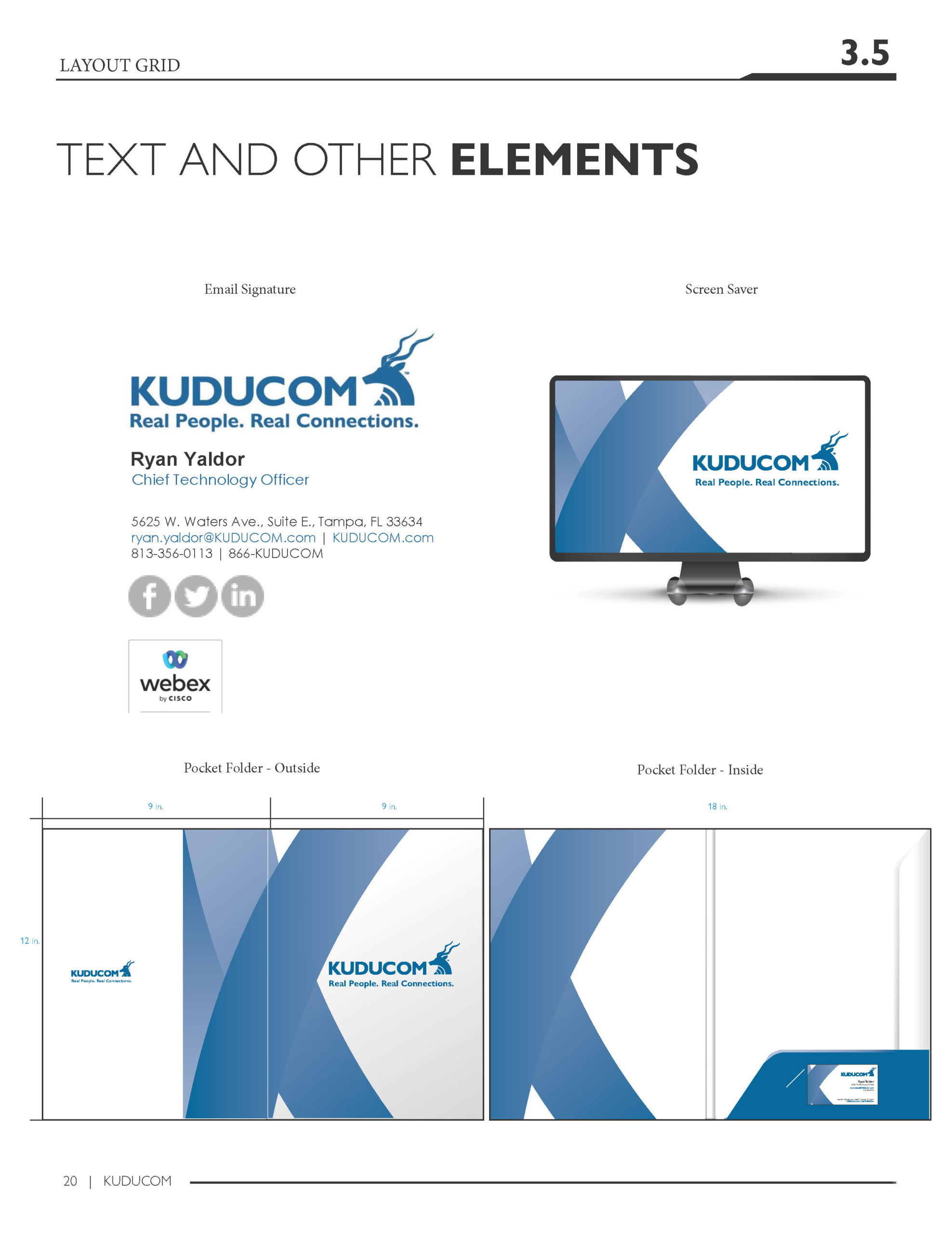 Kuducom brand style guide page showing text elements and business card mockups