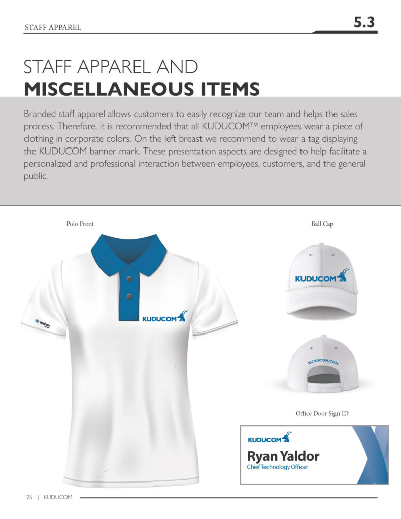 Kuducom brand style guide page showing staff apparel and branded items