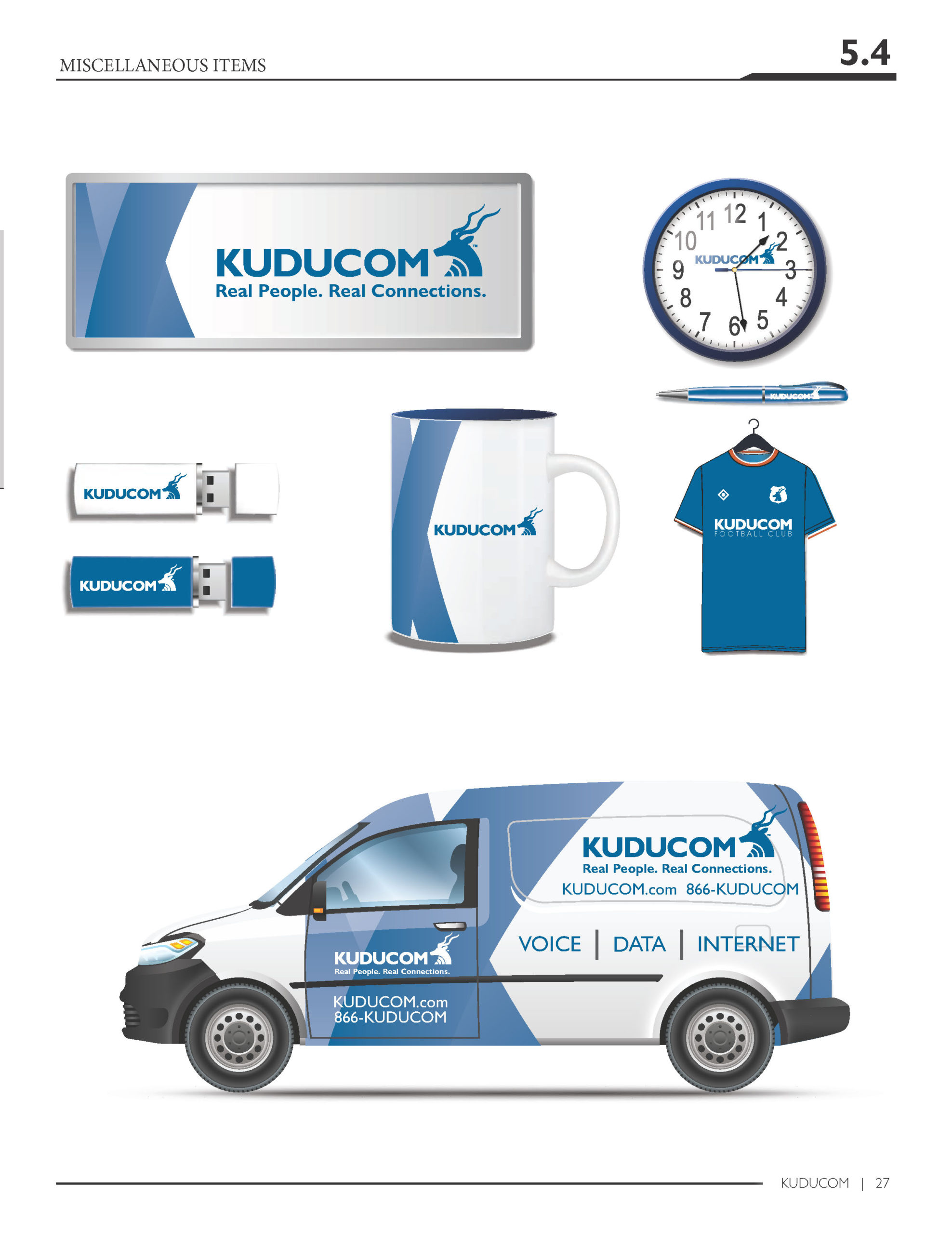 Kuducom brand style guide page showing branded mug, clock, and van