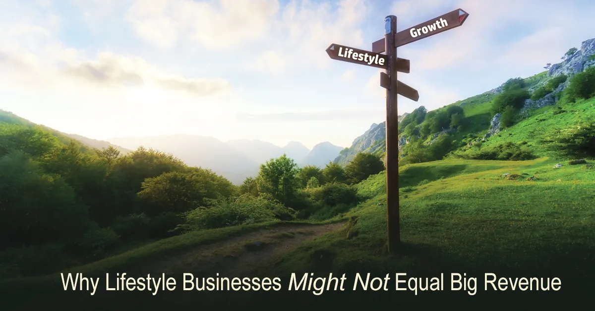 'Why Lifestyle Businesses Might Not Equal Big Revenue' graphic with a directional signpost in a field