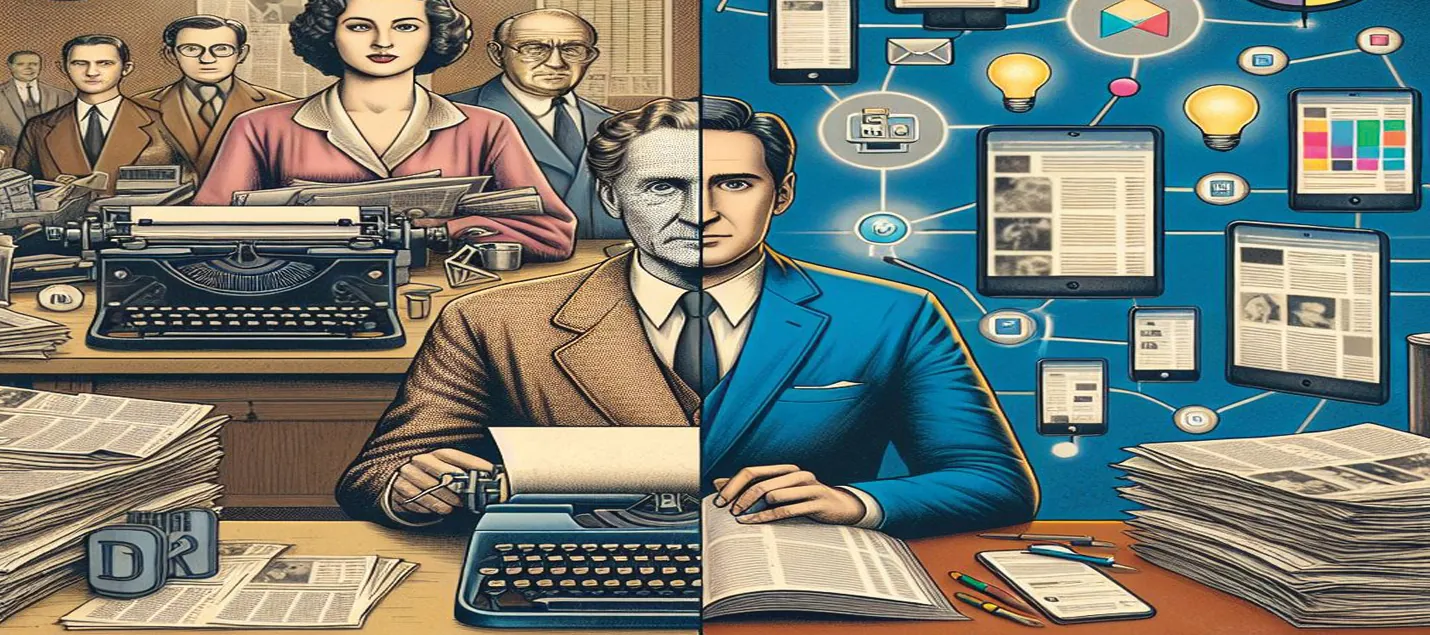 Illustrated collage contrasting vintage print journalism with modern digital and social media