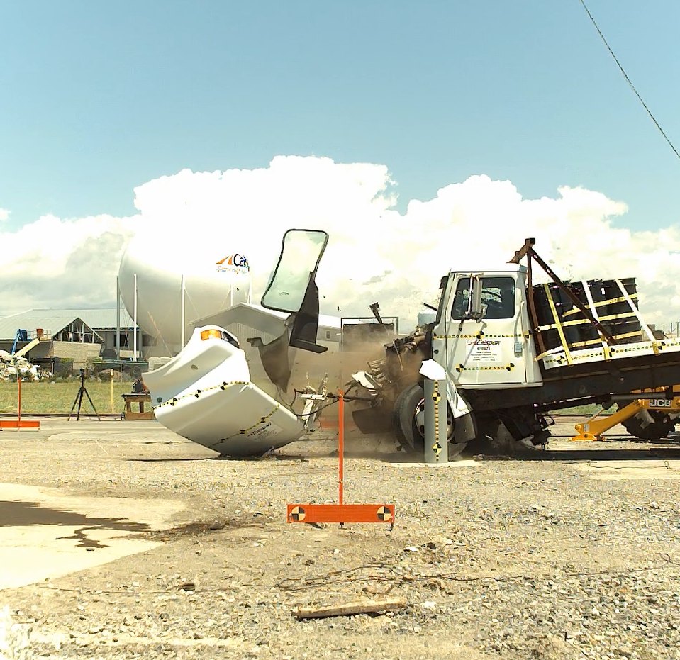Test truck cab separating on impact with a Nasatka bollard