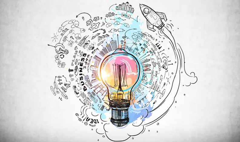 Illustration of a glowing lightbulb surrounded by idea sketches