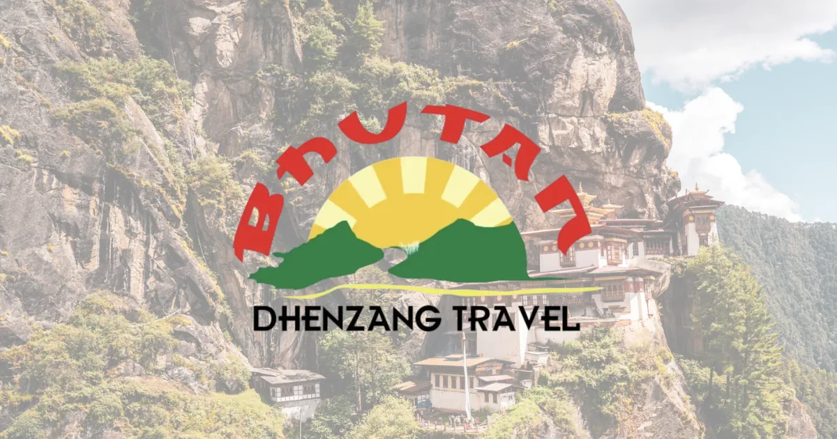 Dhenzang Travel Bhutan logo over a mountain landscape photo