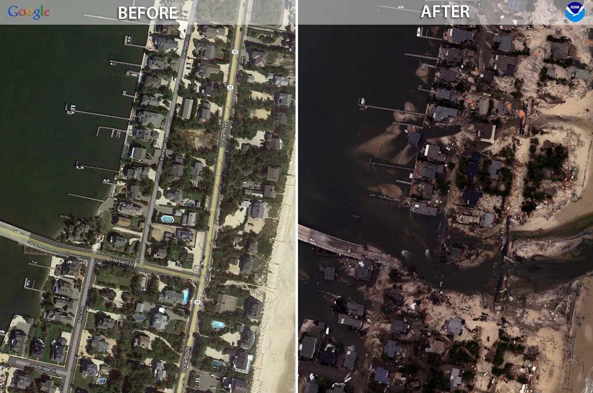 Satellite before-and-after images of a coastal town showing hurricane damage
