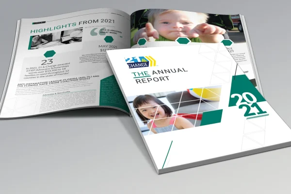 21 & Change annual report booklet open to its highlights pages