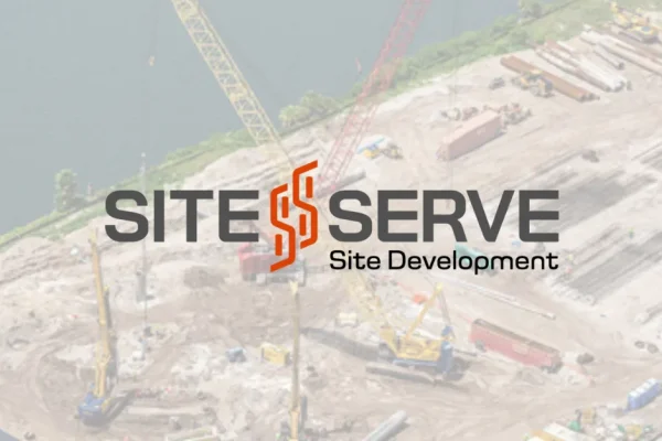 SiteServe site development branding over an aerial construction site photo