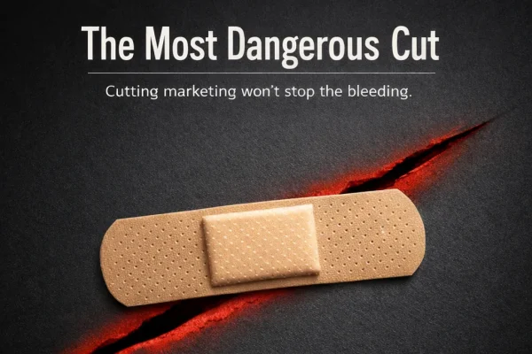 'The Most Dangerous Cut' graphic showing a bandage on a wound, warning against cutting marketing budgets