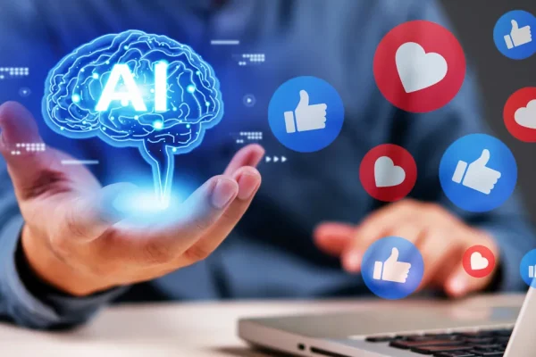 Illustration of a hand holding a glowing AI brain icon surrounded by social media icons