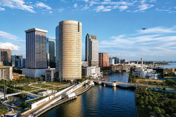 Aerial view of Tampa's Riverwalk and downtown skyline