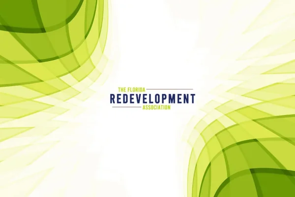 Florida Redevelopment Association conference graphic with a green abstract wave design
