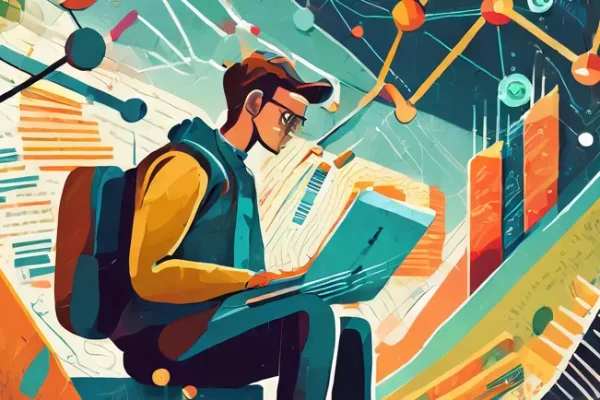 Illustration of a person with a backpack surrounded by data visualization graphics