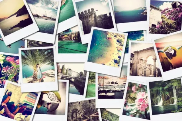 Collage of scattered vintage travel photographs