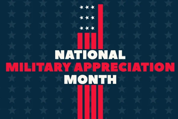 'National Military Appreciation Month' graphic with a patriotic star and stripe design