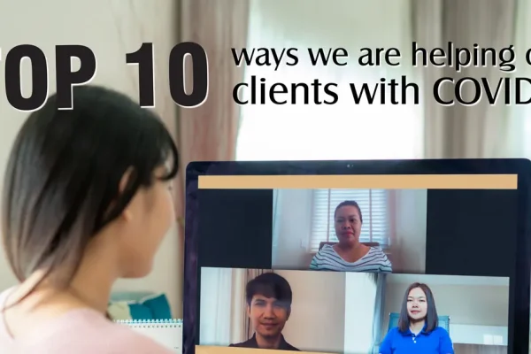 'Top 10 Ways We Are Helping Our Clients With COVID-19' graphic over a video call screenshot