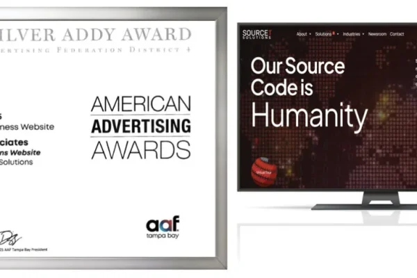 Local Silver Addy Award certificate next to the Source 1 Solutions website on screen