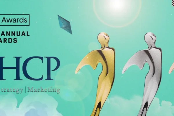 HCP Associates 46th Annual Telly Awards winner graphic with three trophies