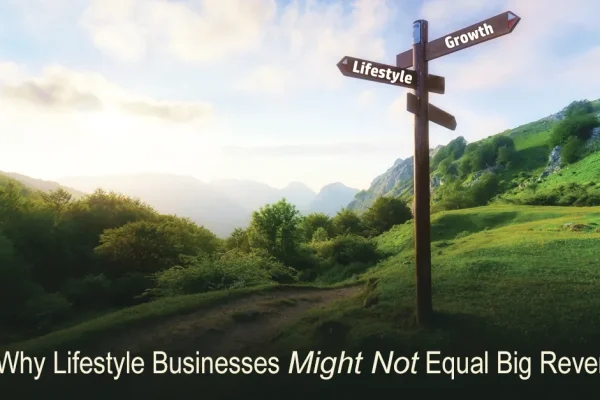 'Why Lifestyle Businesses Might Not Equal Big Revenue' graphic with a directional signpost in a field