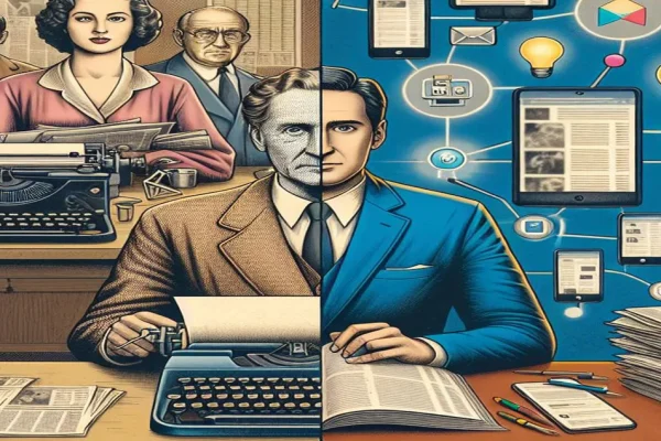 Illustrated collage contrasting vintage print journalism with modern digital and social media
